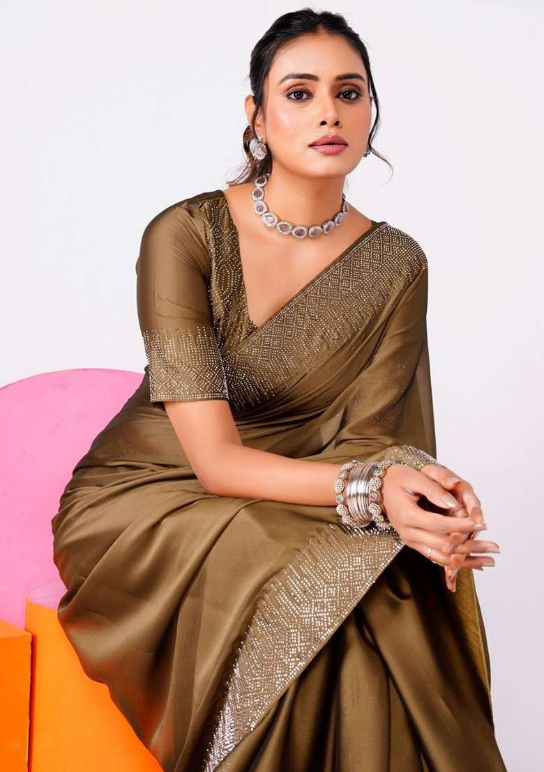 Olive Embellished Blended Saree Set for Diwali | Wedding & Festive Wear - Indya