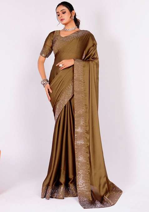 Olive Embellished Blended Saree Set for Diwali | Wedding & Festive Wear