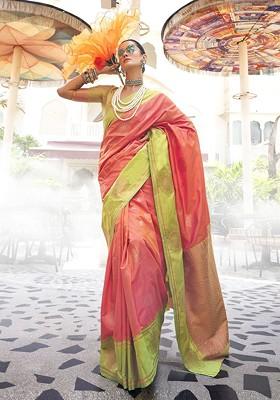 Peach Jacquard Blended Saree Set