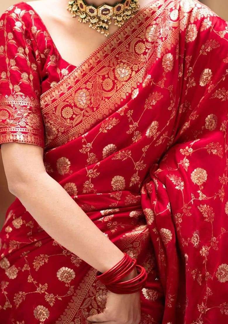 Red Blended Saree Set with Embroidered for Diwali | Wedding & Festive Wear - Indya