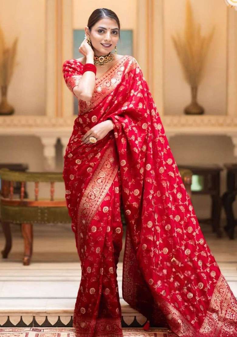 Red Blended Saree Set with Embroidered for Diwali | Wedding & Festive Wear - Indya