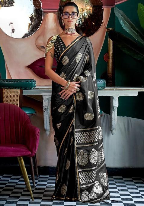 Black Jacquard Blended Saree Set