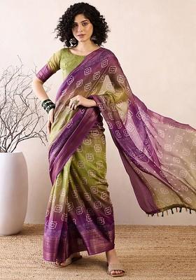 Purple Embroidered Blended Saree Set