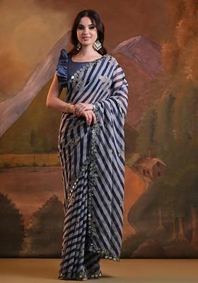 Navy Blue Sequin Embellished Blended Saree Set