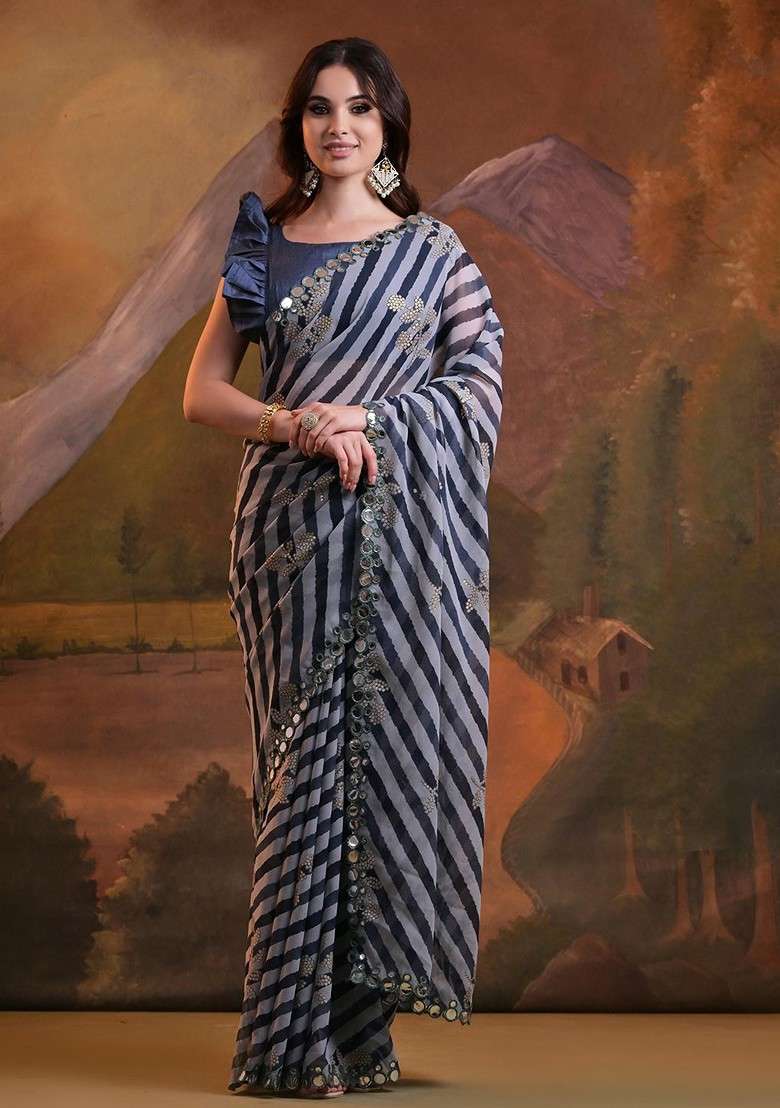 Navy Blue Sequin Embellished Blended Saree Set - Indya