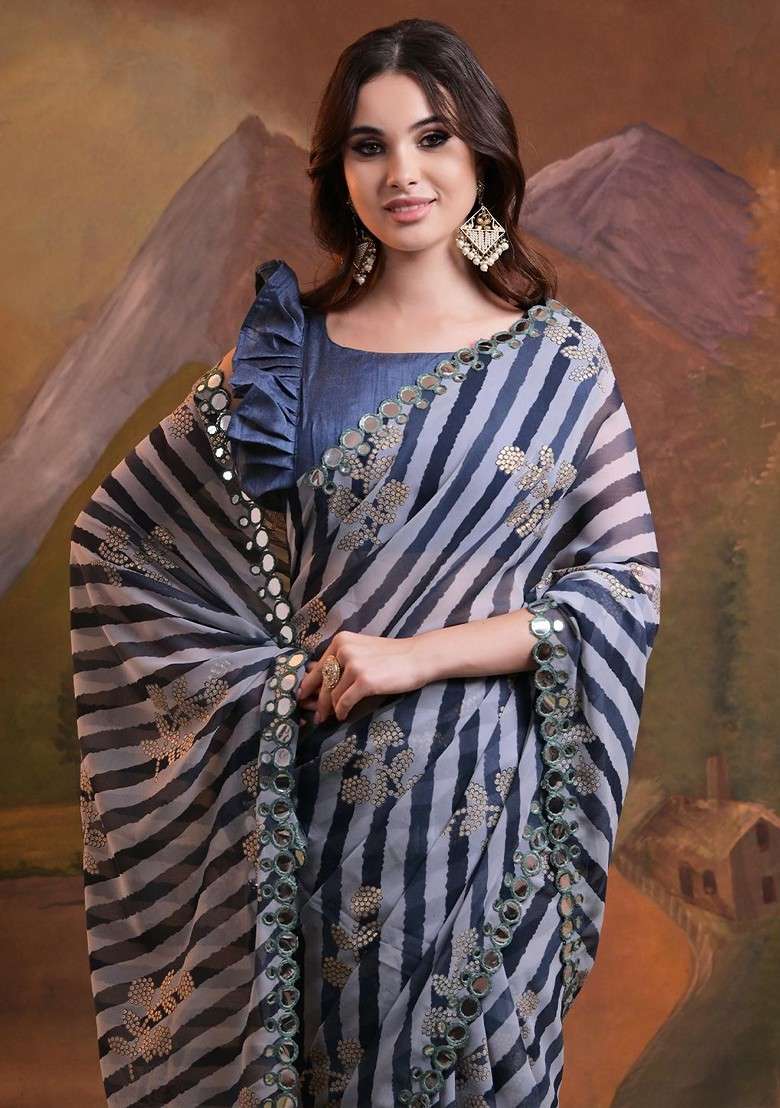 Navy Blue Sequin Embellished Blended Saree Set - Indya