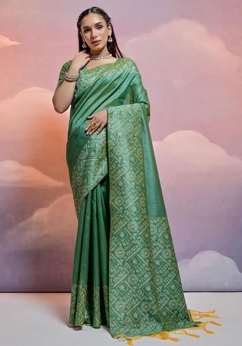 Green Printed Blended Saree Set
