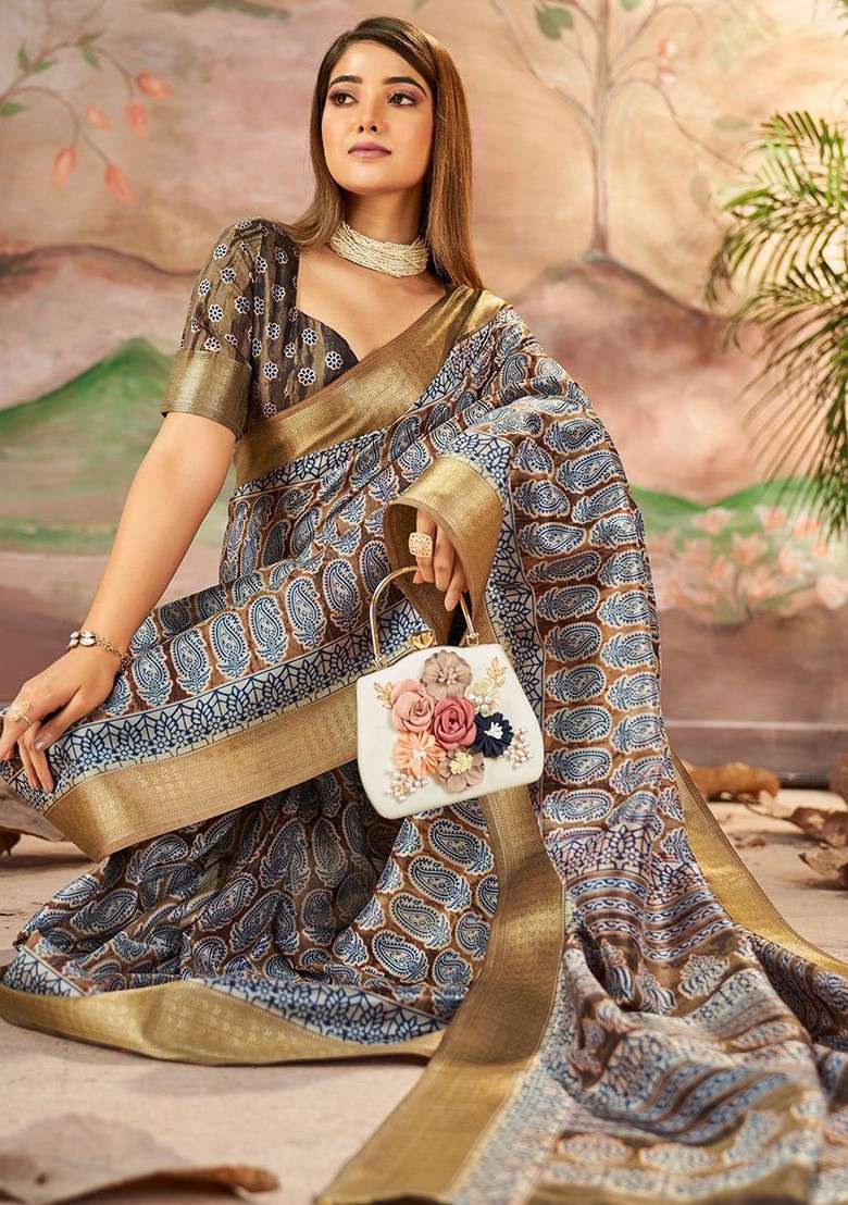 Brown Embroidered Blended Saree Set - Indya
