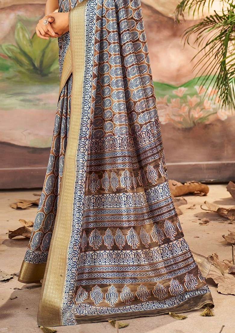 Brown Embroidered Blended Saree Set - Indya