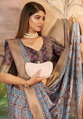 Brown Embroidered Blended Saree Set