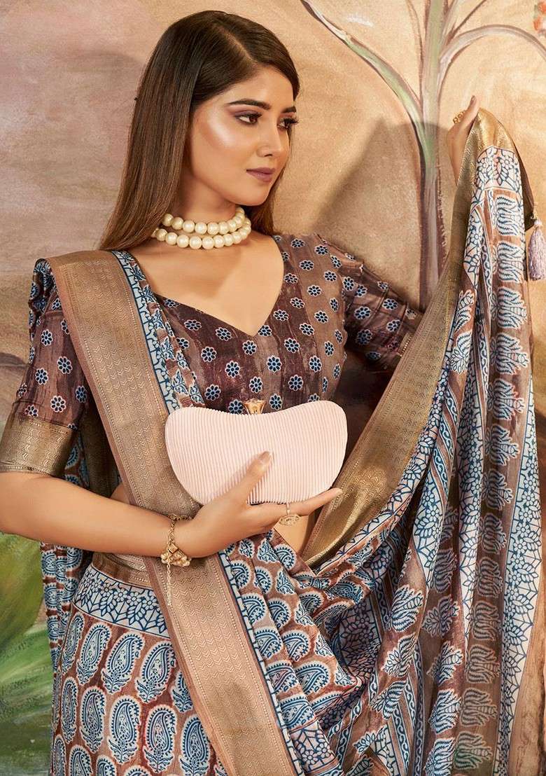 Brown Embroidered Blended Saree Set - Indya