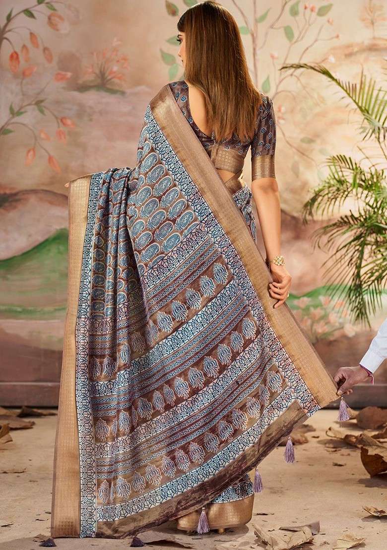 Brown Embroidered Blended Saree Set - Indya