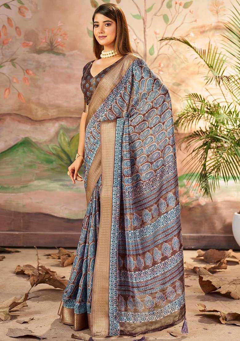 Brown Embroidered Blended Saree Set - Indya