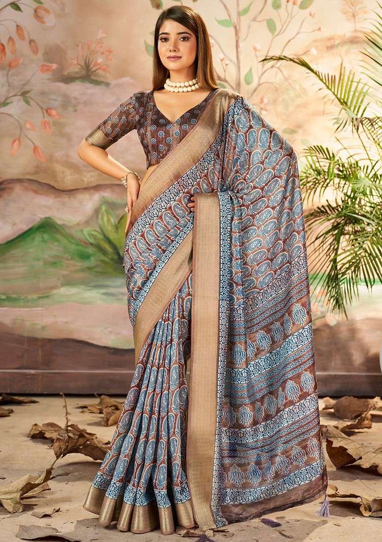 Brown Embroidered Blended Saree Set - Indya