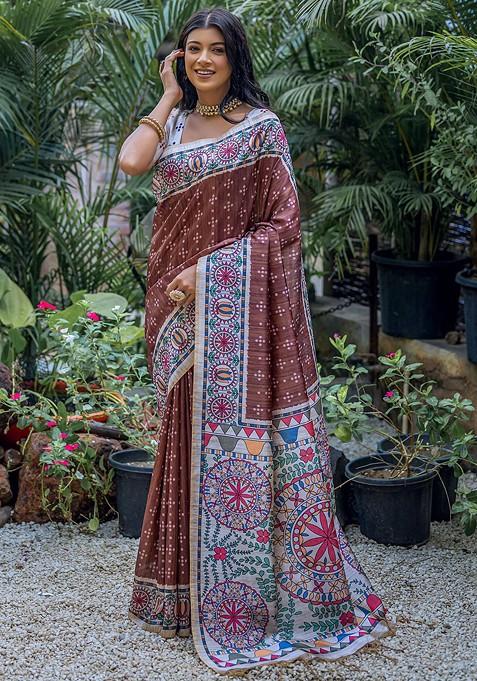 Brown Printed Blended Saree Set