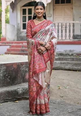 Coffee Brown Printed Blended Saree Set