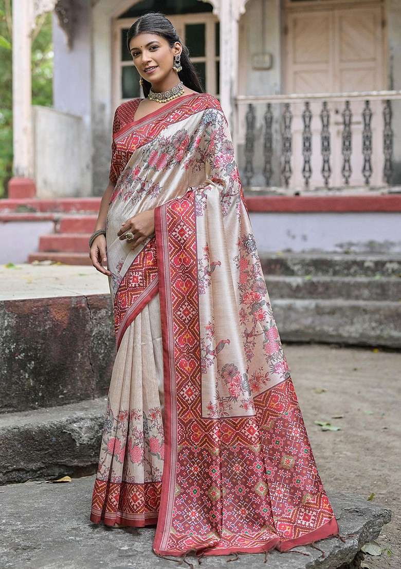 Coffee Brown Blended Saree Set with Printed for Diwali | Wedding & Festive Wear - Indya