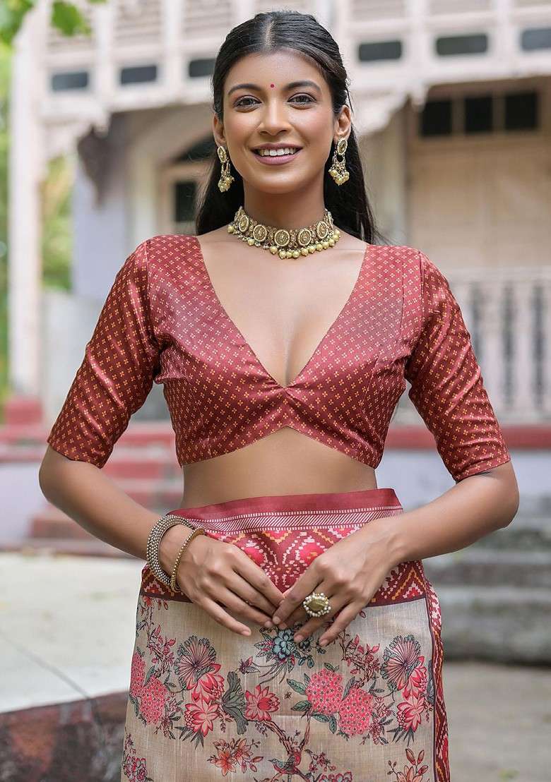 Coffee Brown Blended Saree Set with Printed for Diwali | Wedding & Festive Wear - Indya