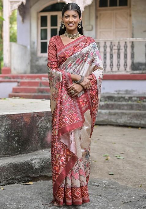 Coffee Brown Printed Blended Saree Set — view on Indya