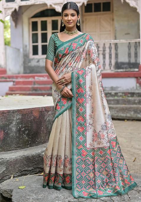 Green Printed Blended Saree Set