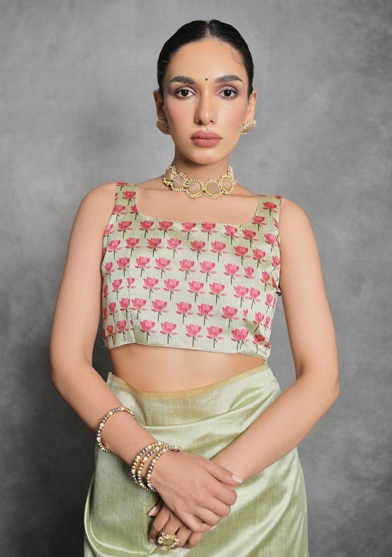 Olive Printed Blended Saree Set for Diwali and Festive Wear - Indya