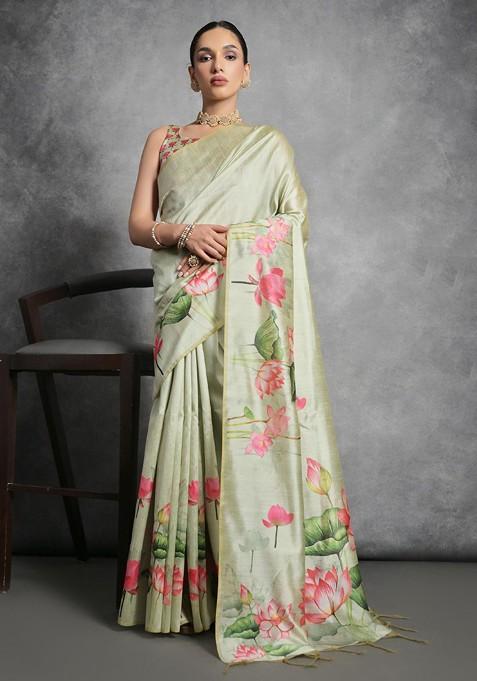 Olive Printed Blended Saree Set