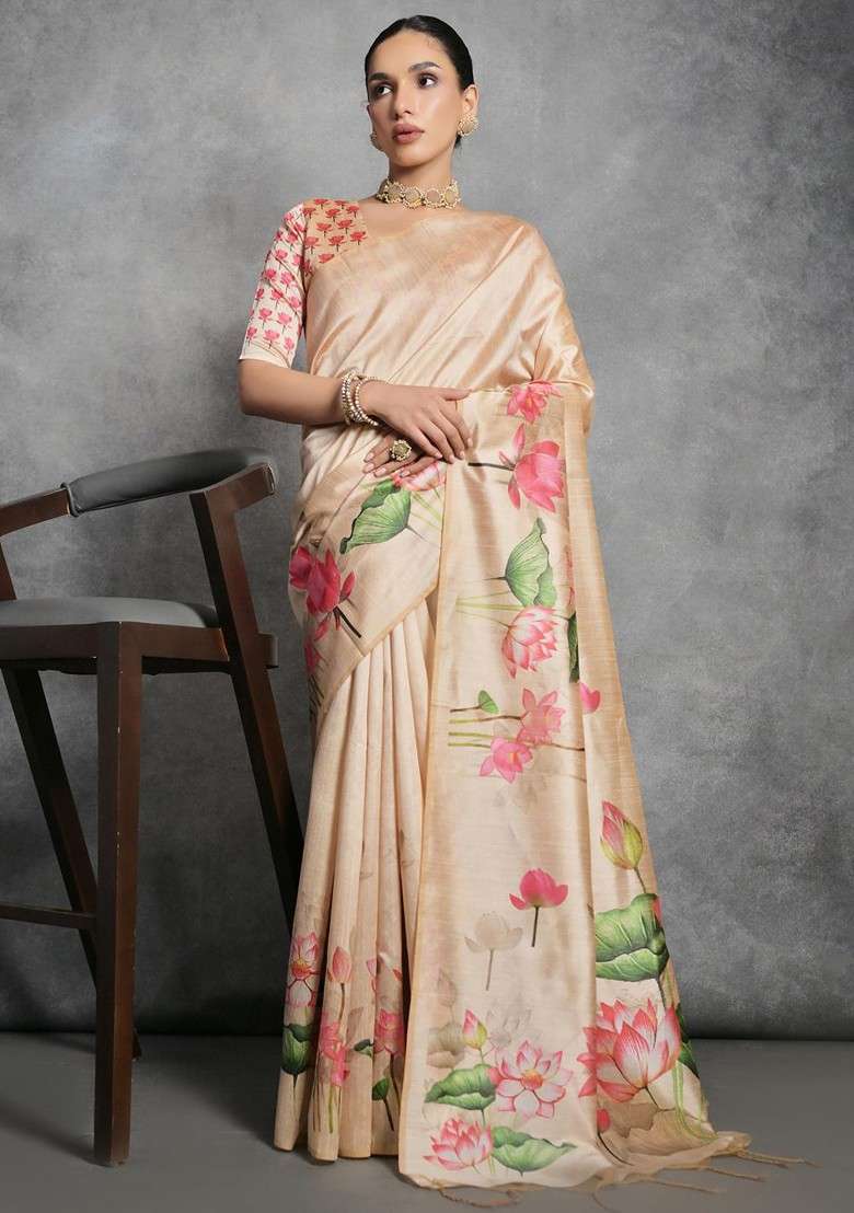 Gold Printed Blended Saree Set for Diwali and Festive Wear - Indya