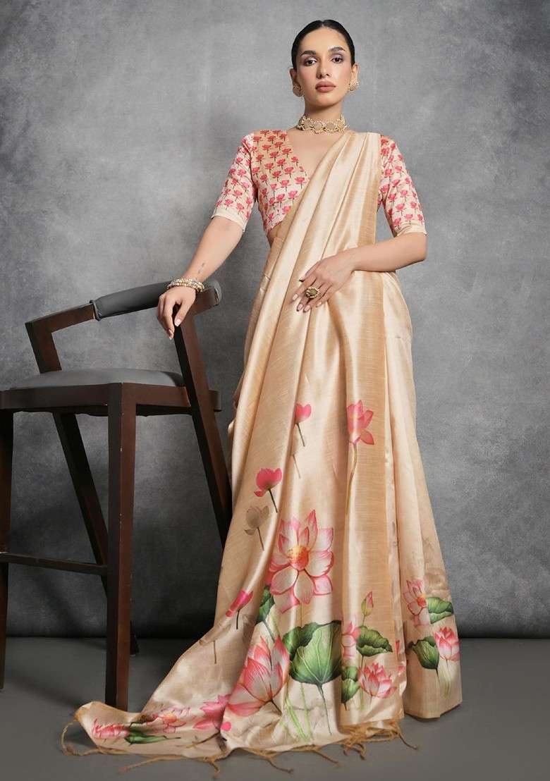 Gold Printed Blended Saree Set for Diwali and Festive Wear - Indya