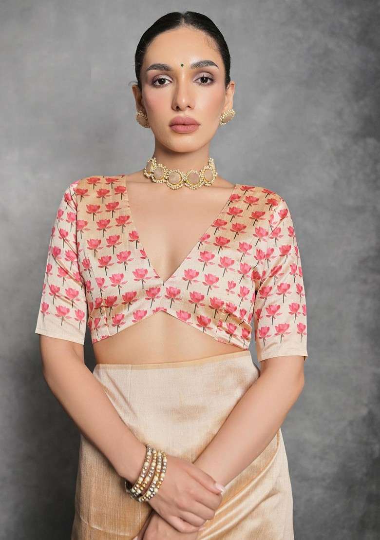 Gold Printed Blended Saree Set for Diwali and Festive Wear - Indya