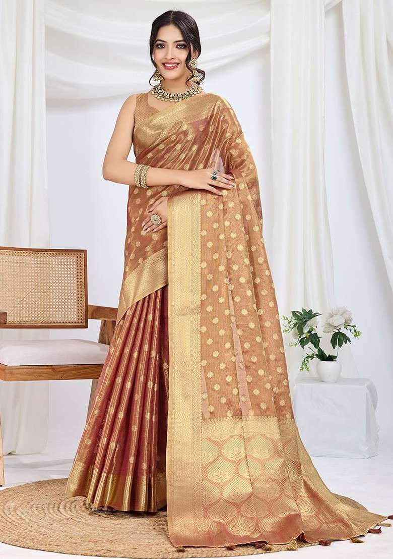 Brown Embroidered Blended Saree Set for Diwali and Festive Wear - Indya