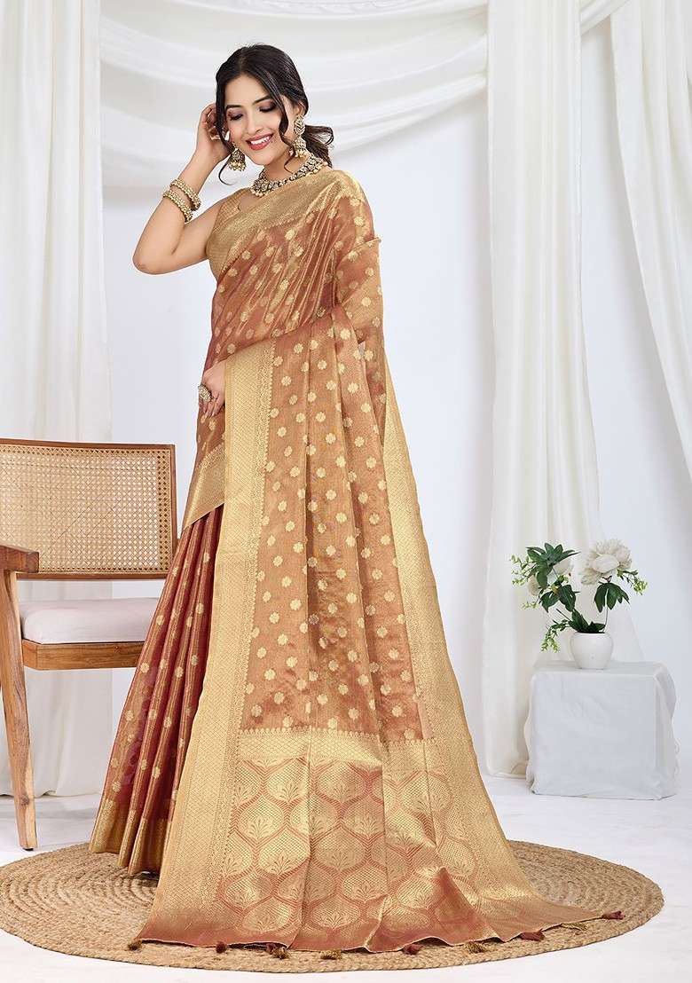 Brown Embroidered Blended Saree Set for Diwali and Festive Wear - Indya