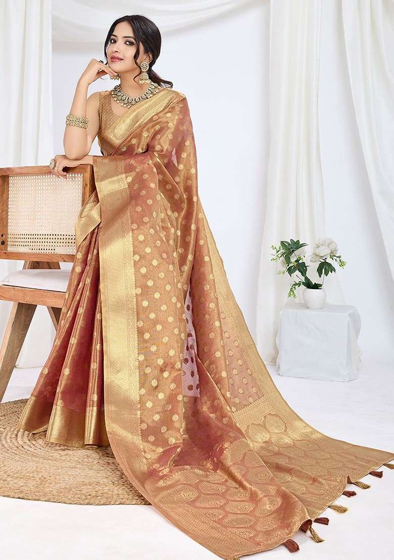 Brown Embroidered Blended Saree Set for Diwali and Festive Wear - Indya