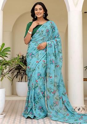Turquoise Blue Printed Blended Saree Set