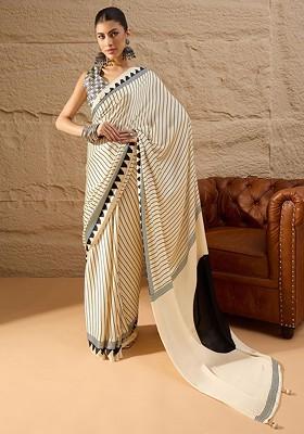 Cream Embroidered Blended Saree Set