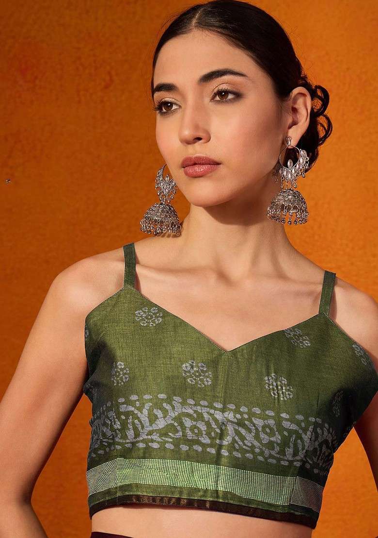 Olive Bagru Blended Saree Set with Printed for Diwali | Wedding & Festive Wear - Indya