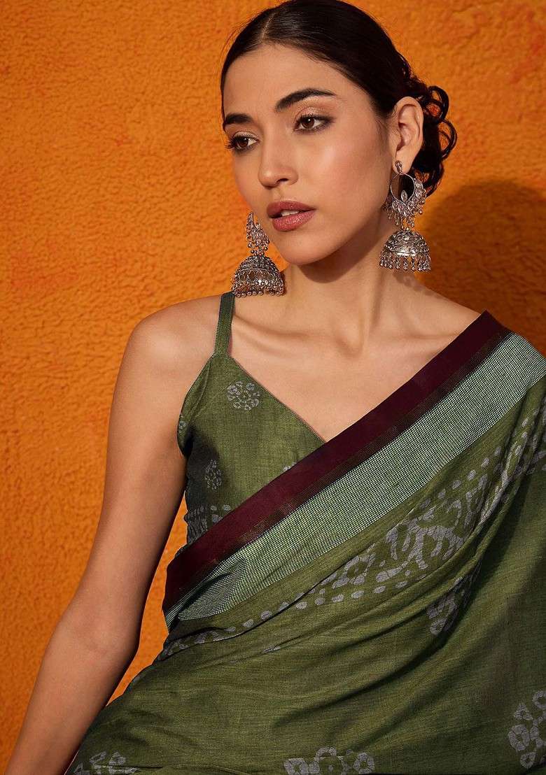 Olive Bagru Blended Saree Set with Printed for Diwali | Wedding & Festive Wear - Indya
