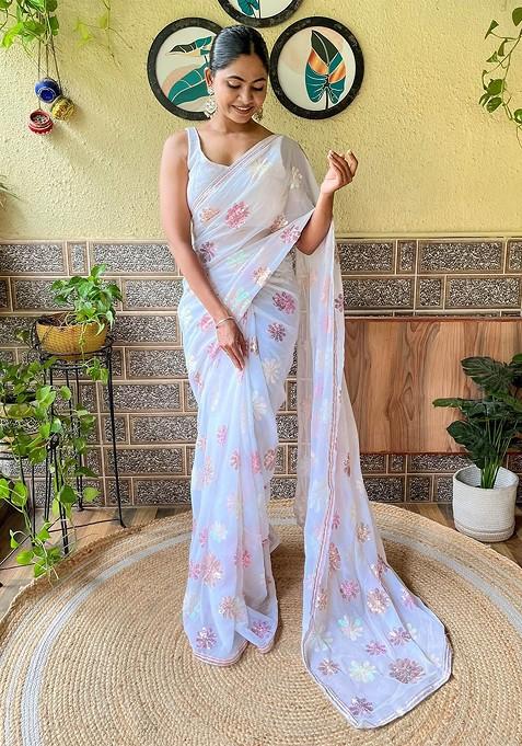 White Embellished Blended Saree Set