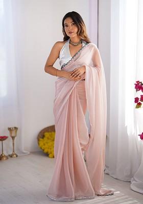 Pink Embellished Blended Saree Set