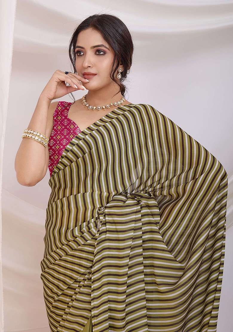 Olive Blended Saree Set with Embroidered for Diwali | Wedding & Festive Wear - Indya