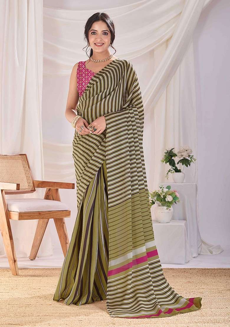 Olive Blended Saree Set with Embroidered for Diwali | Wedding & Festive Wear - Indya