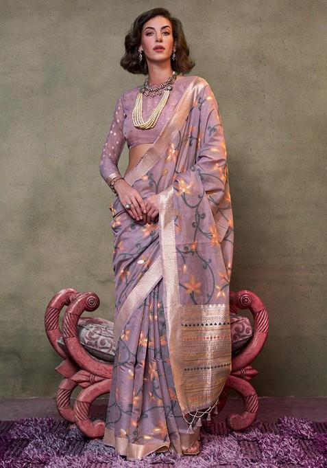 Lavender Jacquard Blended Saree Set