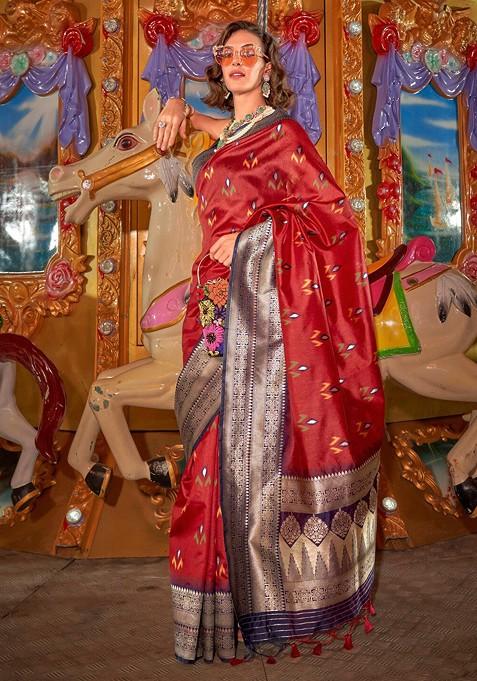 Maroon Jacquard Blended Saree Set — view on Indya