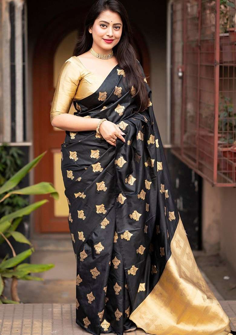 Gold Embroidered Blended Saree Set for Diwali and Festive Wear - Indya