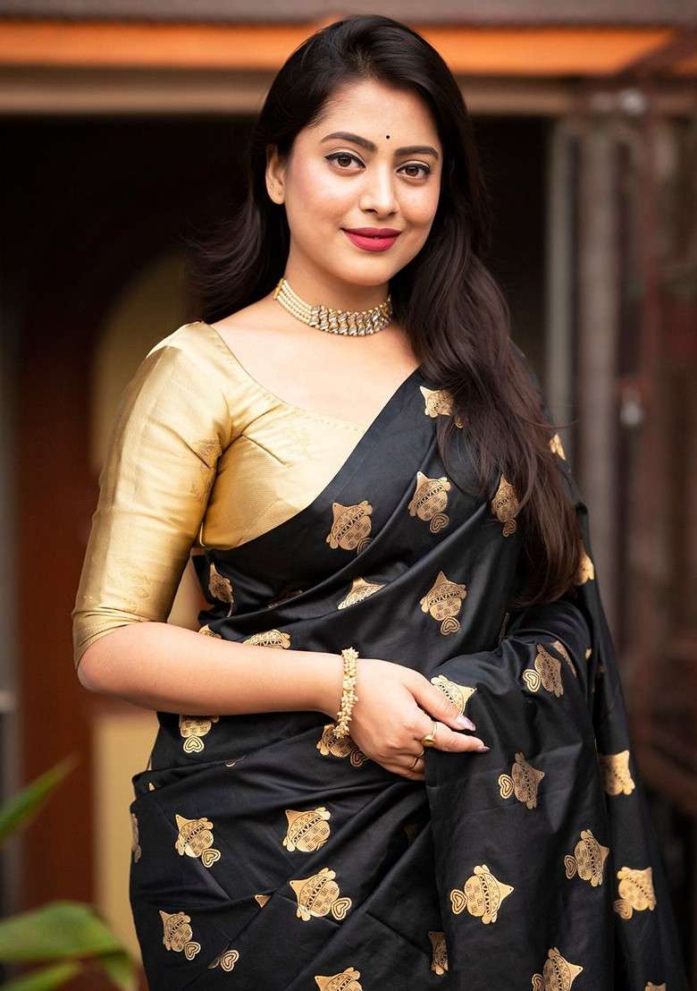 Gold Embroidered Blended Saree Set for Diwali and Festive Wear - Indya