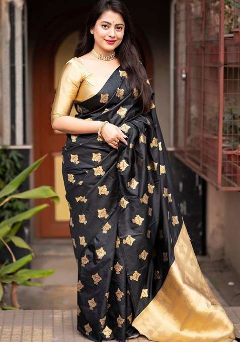 Gold Embroidered Blended Saree Set for Diwali and Festive Wear