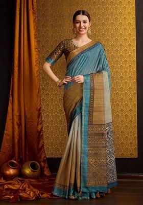 Sea Green Printed Blended Saree Set