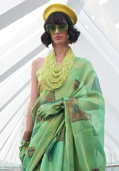 Sea Green Jacquard Blended Saree Set — view on Indya