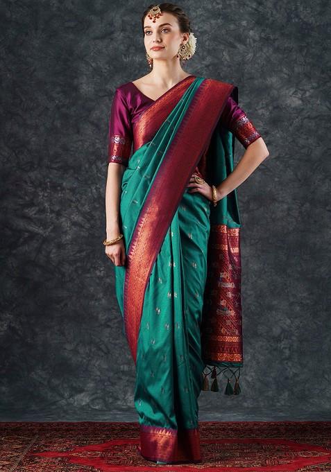 Teal Embroidered Blended Saree Set