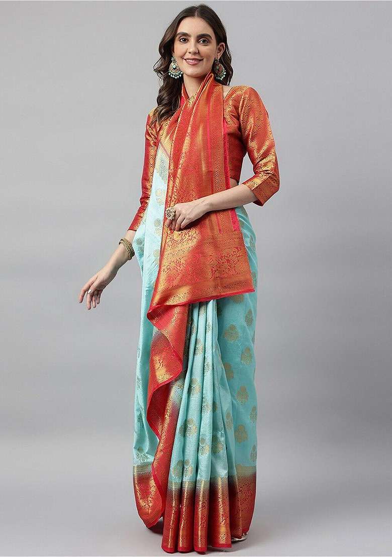 Turquoise Blue Blended Saree Set with Embroidered for Diwali | Wedding & Festive Wear - Indya