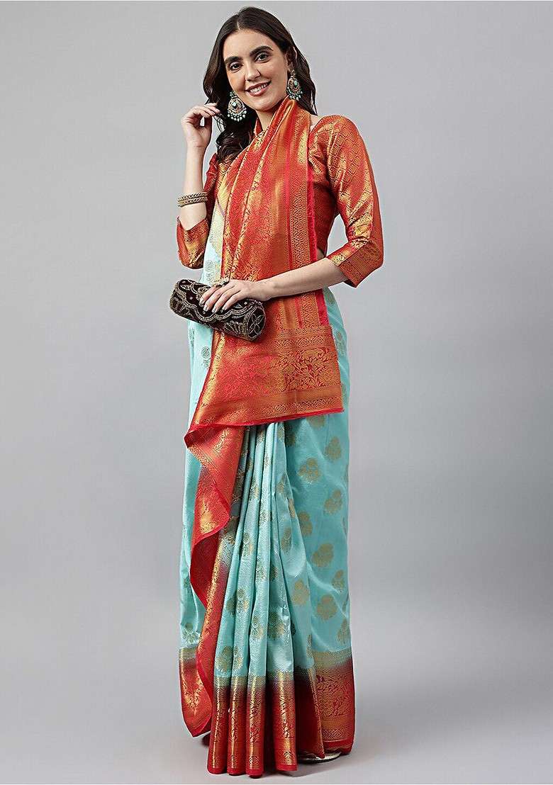 Turquoise Blue Blended Saree Set with Embroidered for Diwali | Wedding & Festive Wear - Indya